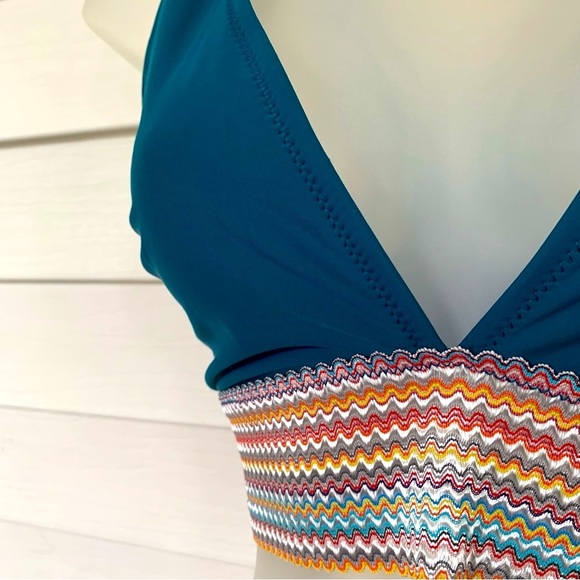 3 for $30 Classic Blue Bikini Top size L with multi color Striped Band NWT - Picture 2 of 4